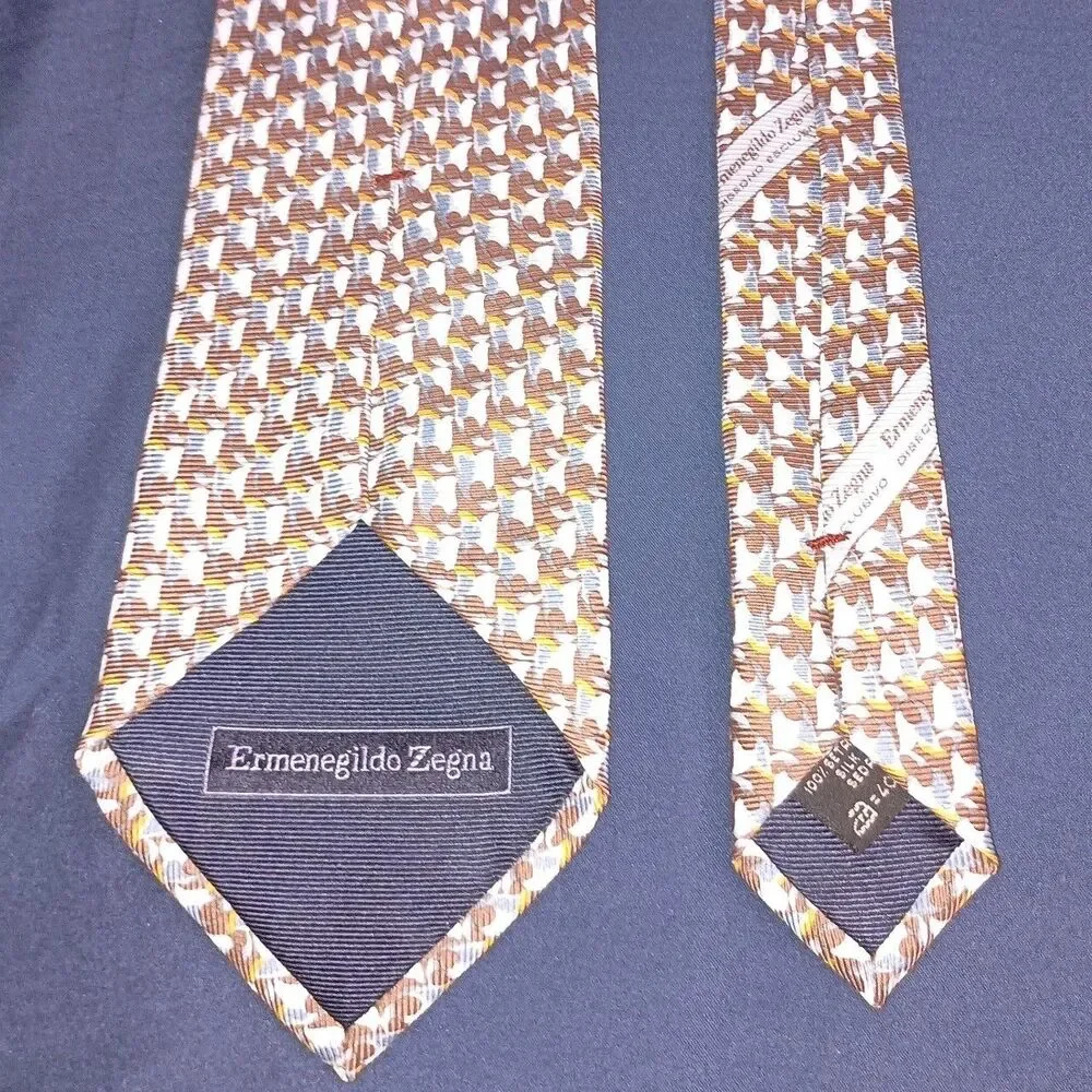 Ermenegildo Zegna Necktie 100% Silk Blue Brown Flower Print Tie Made In Italy